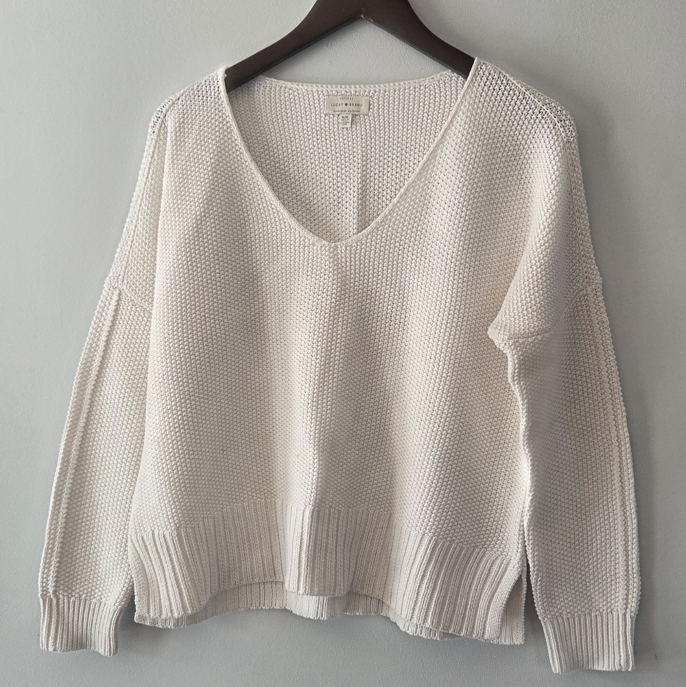 Lucky Brand Women's Chunky Knit V-Neck Sweater Cream-Colored Size M